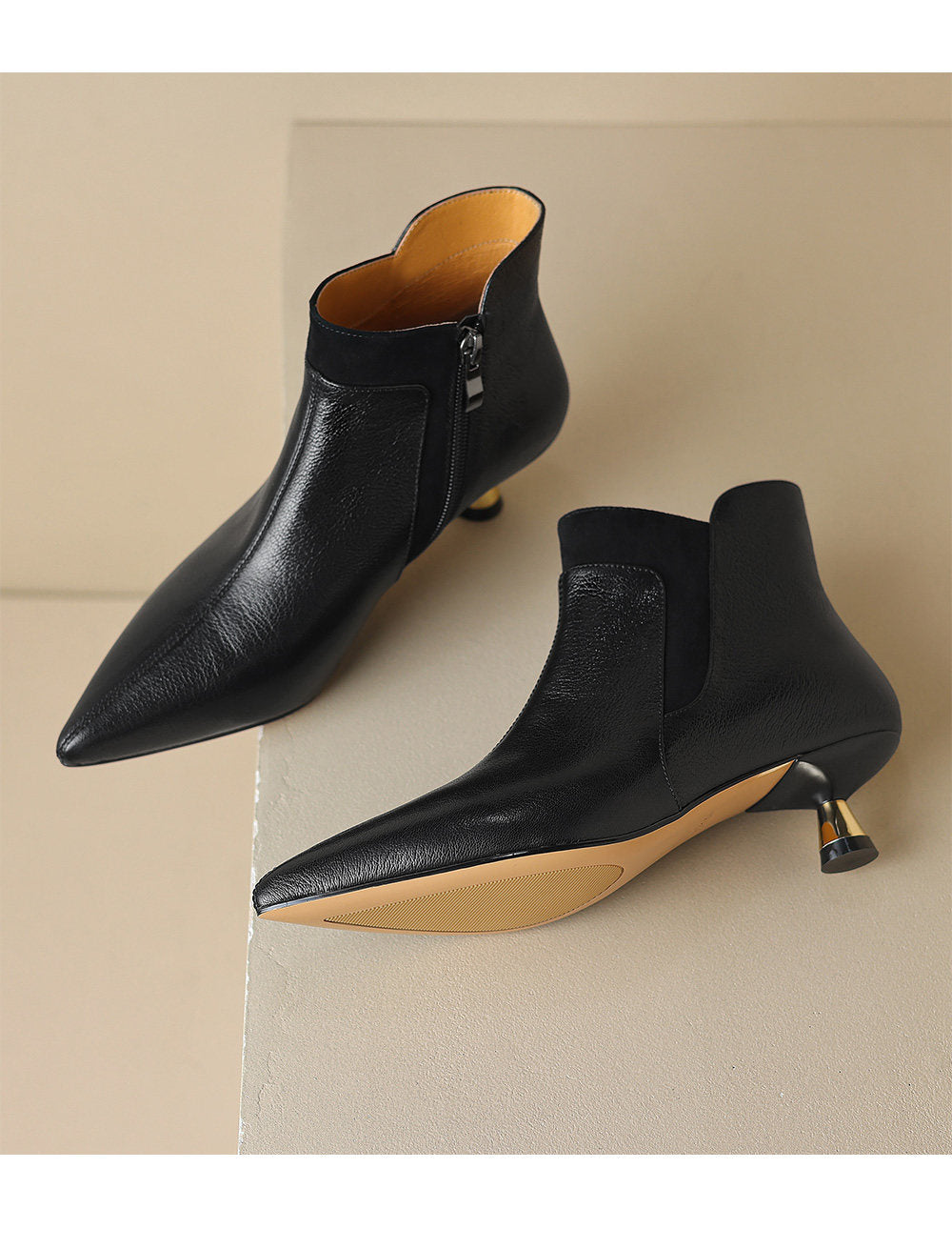 Women's Genuine Leather Kitten Heel Ankle Boots – Pointed Toe Side Zip