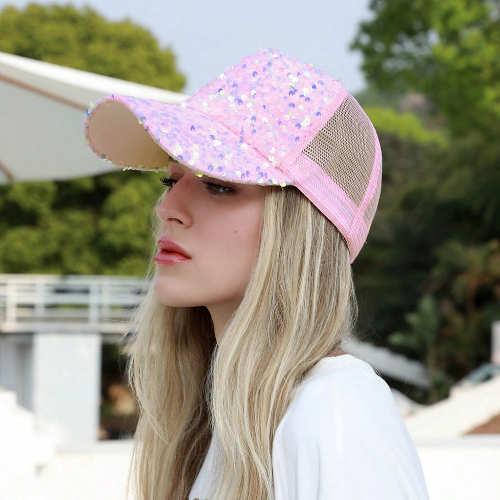Sequin-Embroidered Mesh Baseball Cap with Sunshade – Breathable Trendy Hat