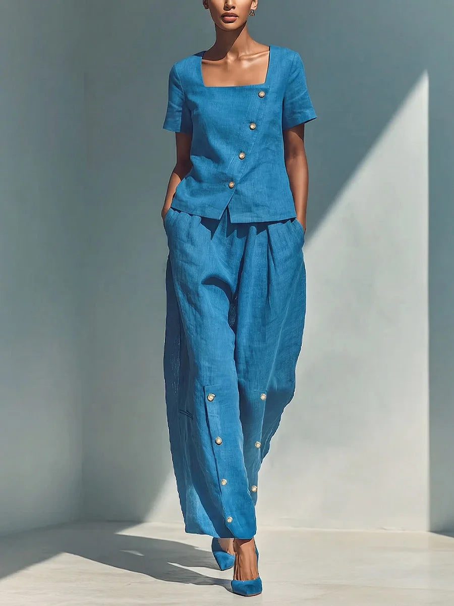 Women's Loose Short-Sleeve Top & High-Waist Pants Set – Plus Size Friendly