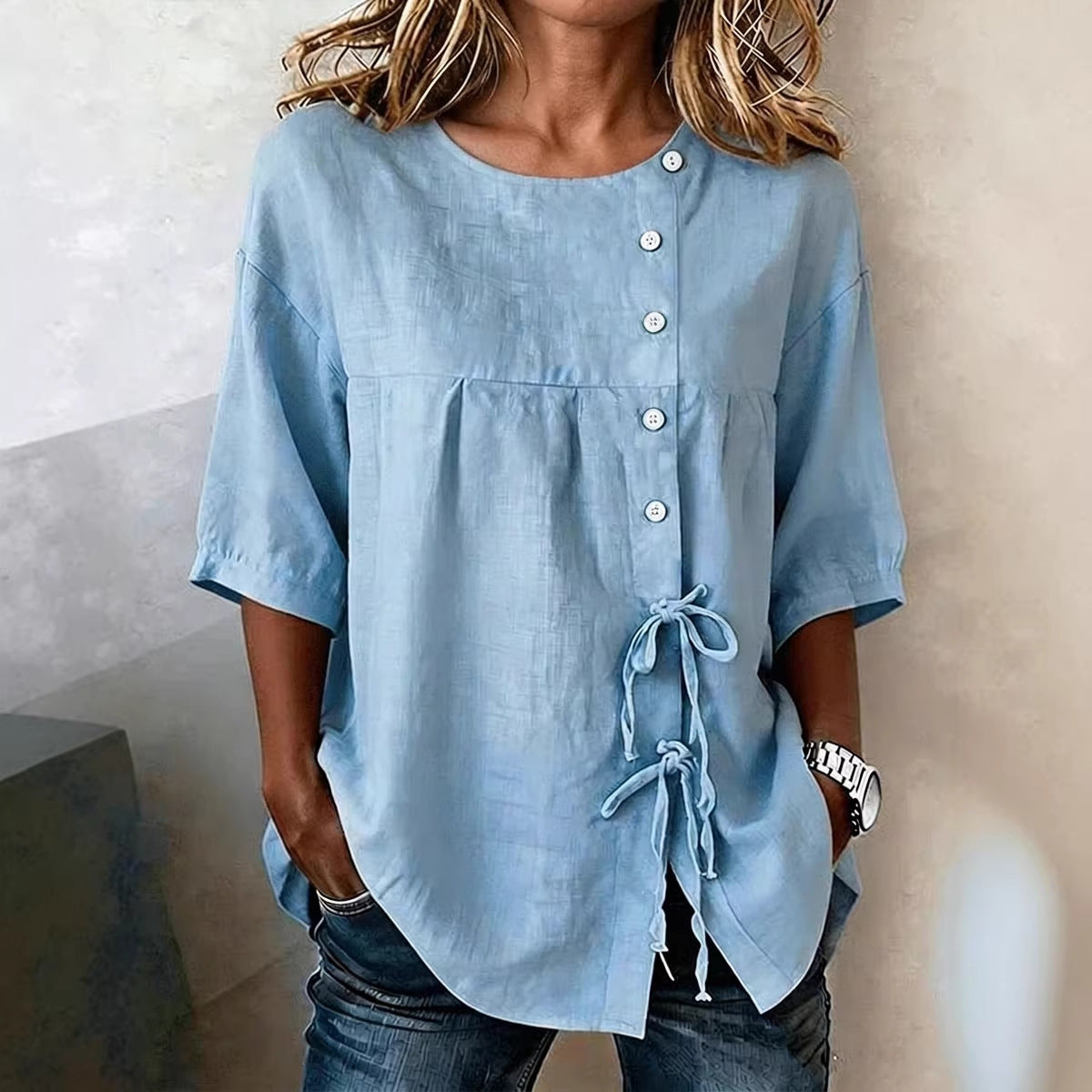Women's Lace-Up Button Shirt – 3/4 Sleeve Asymmetric