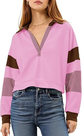 Color‑Block Cropped Polo V‑Neck Sweatshirt