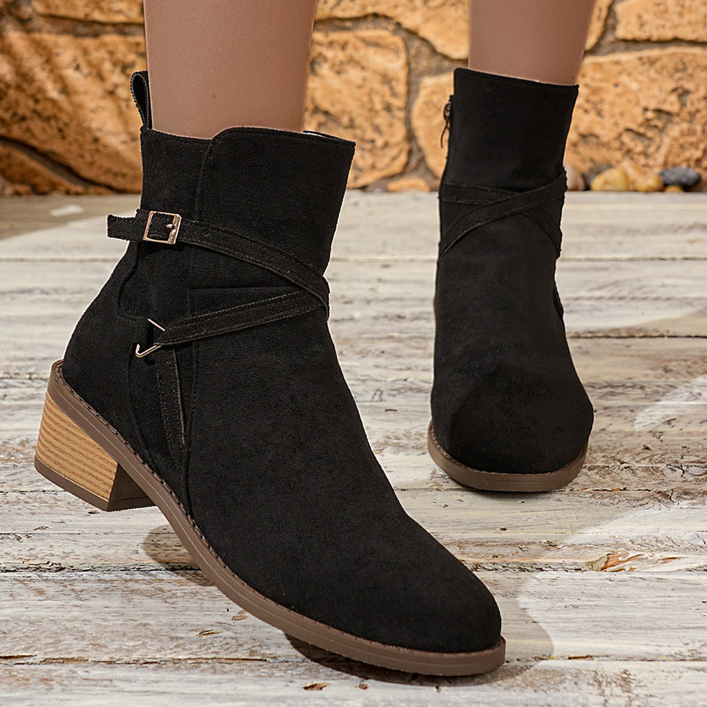 Cross-Strap Side-Zipper Mid-Heel Ankle Boots Women