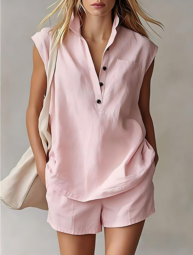 Women's Casual Sleeveless Cardigan Top & Shorts Set