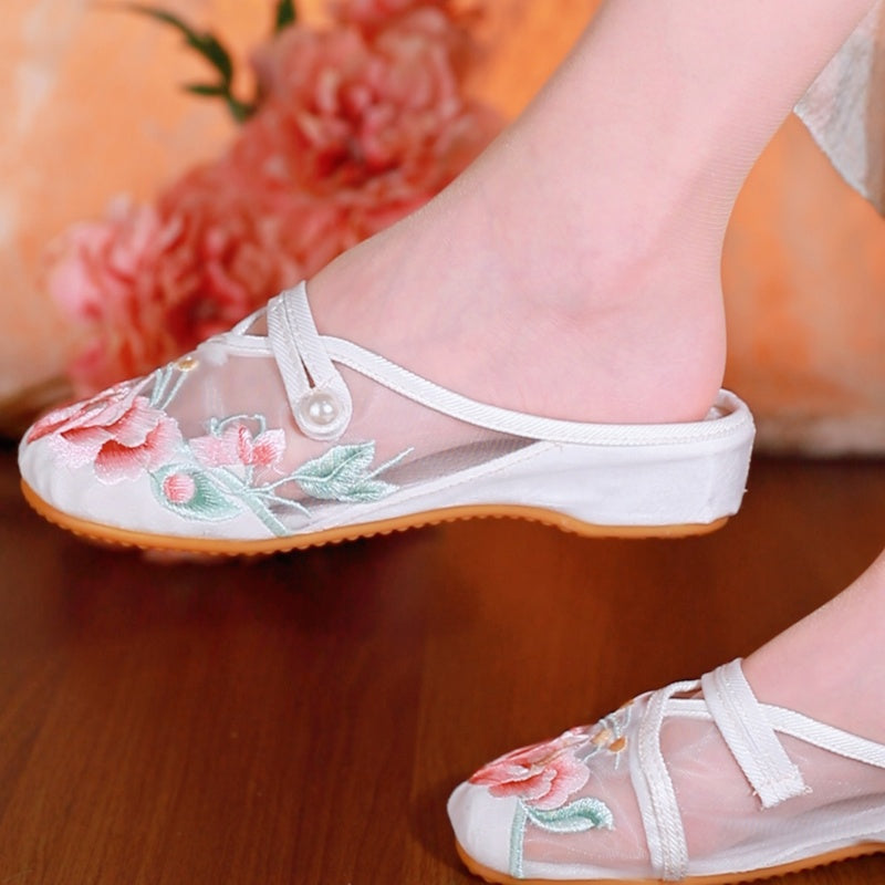 Women's Floral Embroidered Mesh Shoes – Breathable Hollow-Out Retro Flats