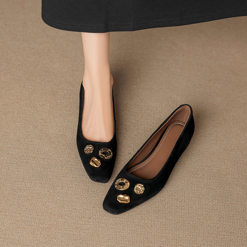 Women's French Retro Suede Pumps | Studded Slip-On Low-Cut Work Shoes with Hidden Lift | EU 36–40