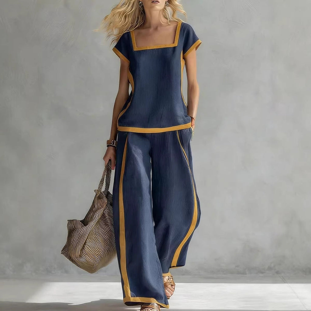 Square-Neck Three-Quarter Sleeve Loose Top & Pants Two-Piece Set
