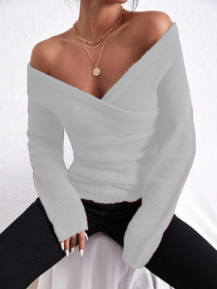 Women's Off-Shoulder Crossover Knit Sweater – Slim Fit Long Sleeve
