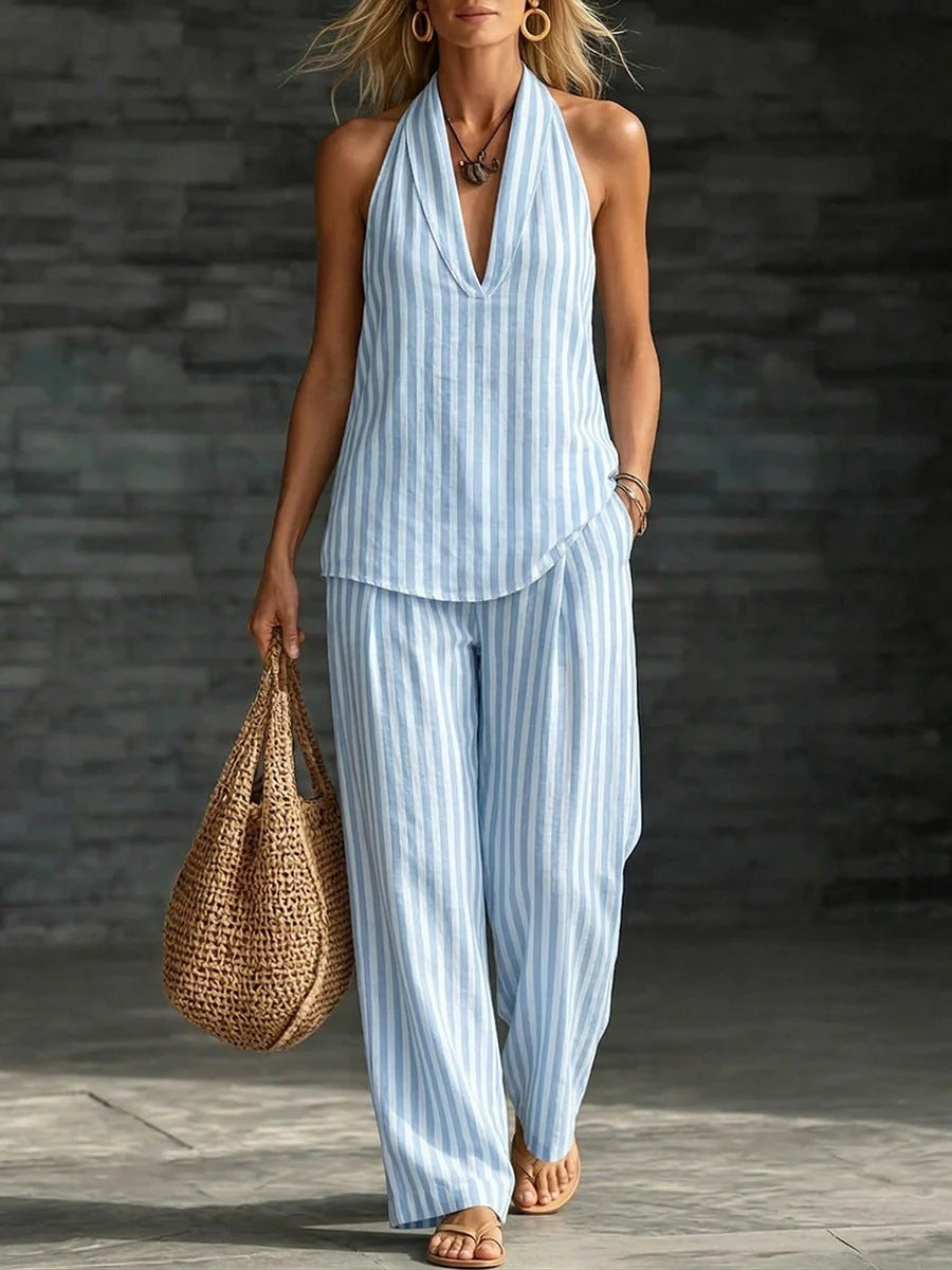 Women's Striped Sleeveless Top & Wide-Leg Pants Set – Fashionable 2-Piece