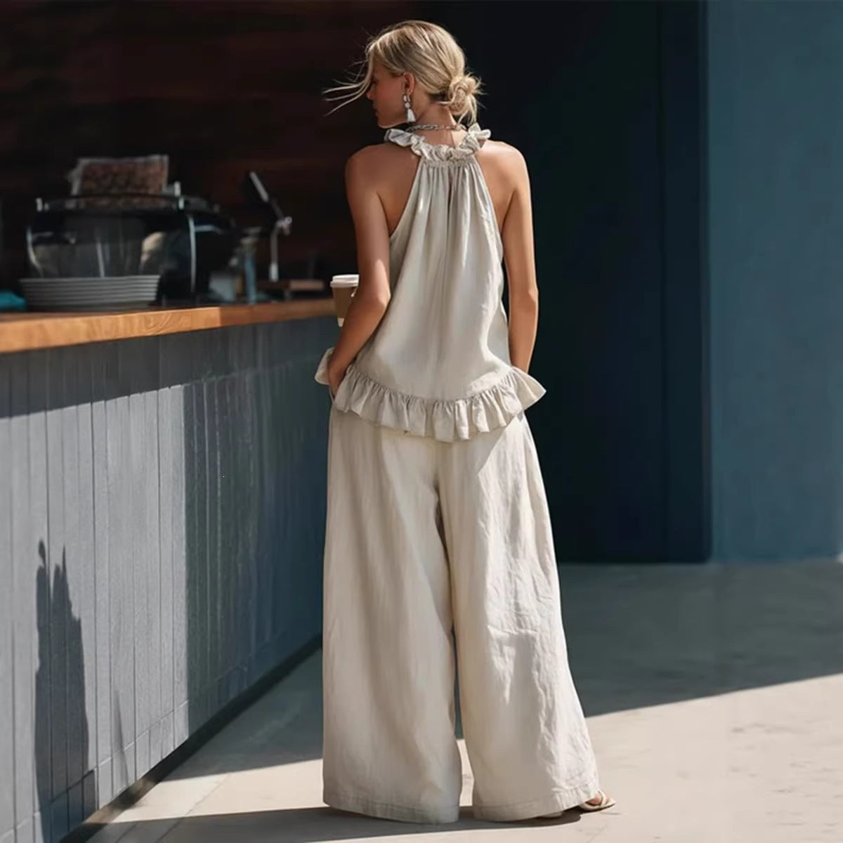 Halterneck Loose Two-Piece Set | Pleated Asymmetric Pocket Set