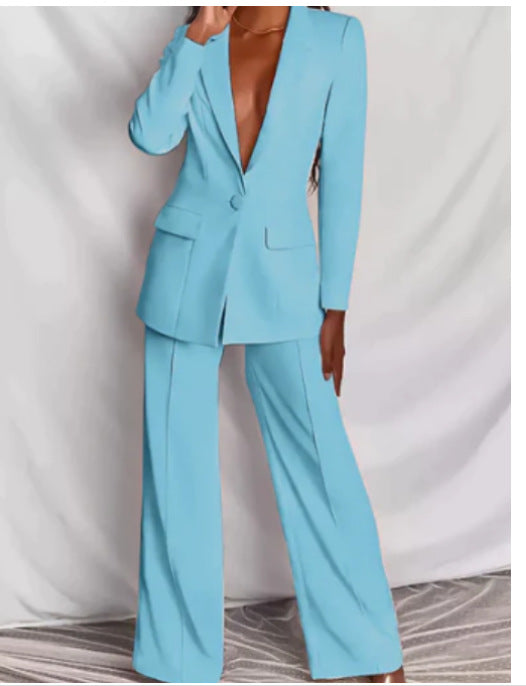 Lapel Button-Down Blazer & Straight-Leg Trousers Suit