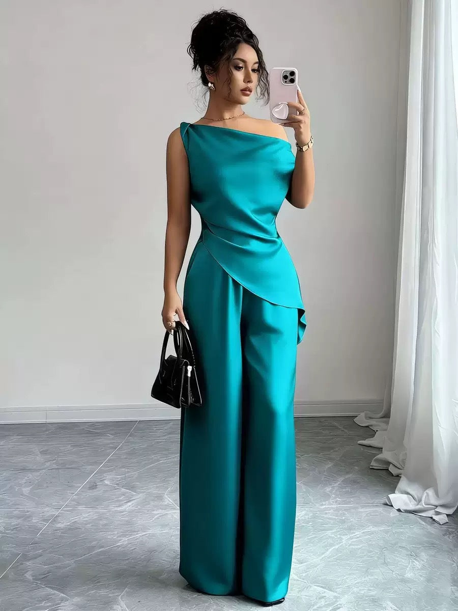 One-Shoulder Asymmetric Top & Wide-Leg Pants 2-Piece Set – Women's Elegant Co-ord Suit