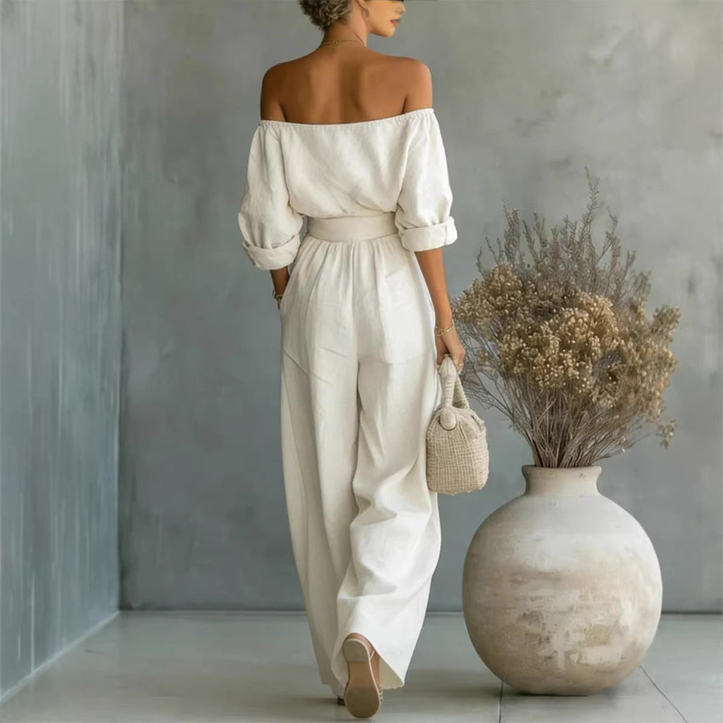 Women's Off-Shoulder Long-Sleeve Top & Wide-Leg Pants Two-Piece Set