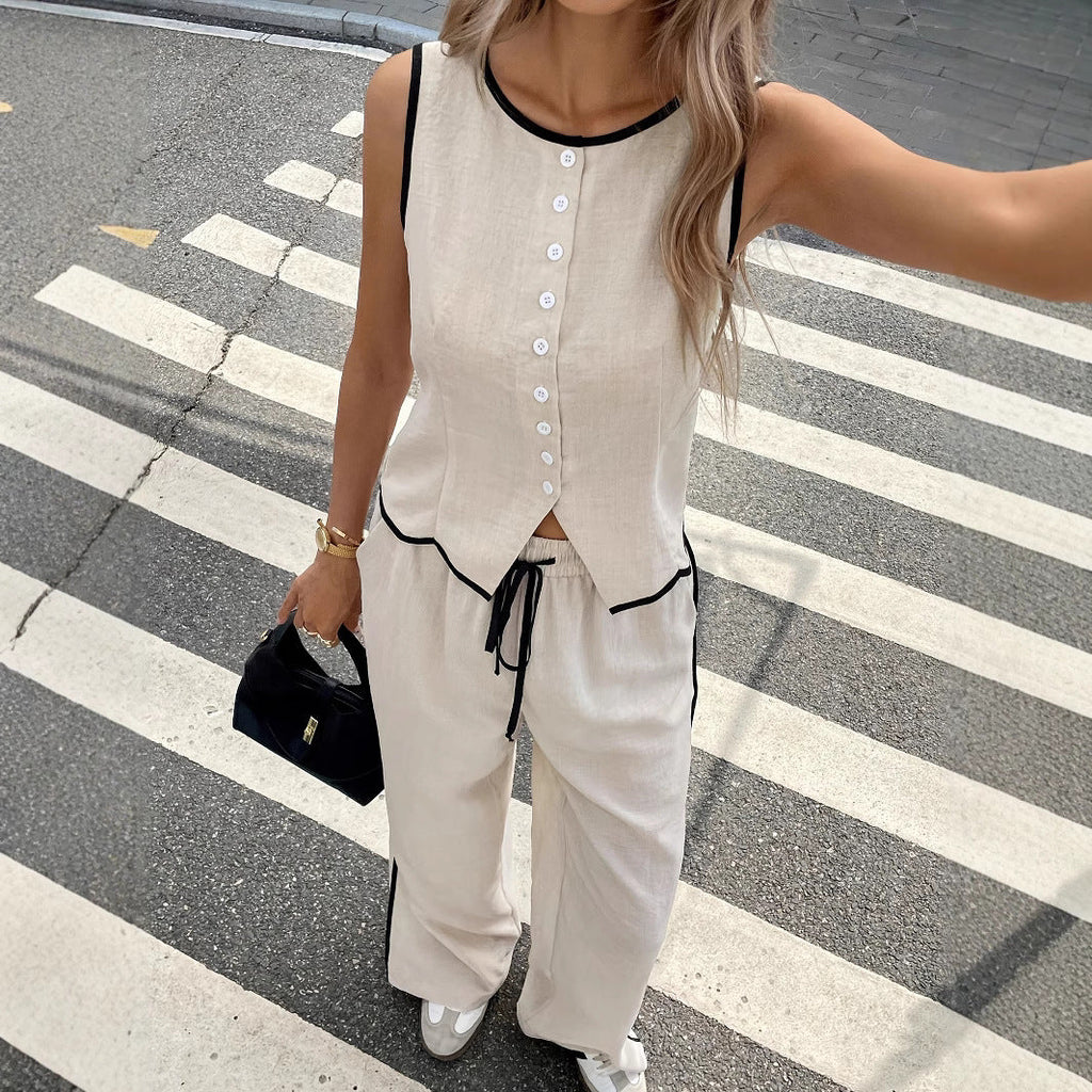 Women's Contrast Color Sleeveless Vest & Drawstring Trousers Suit – 6 Colors S–XXL