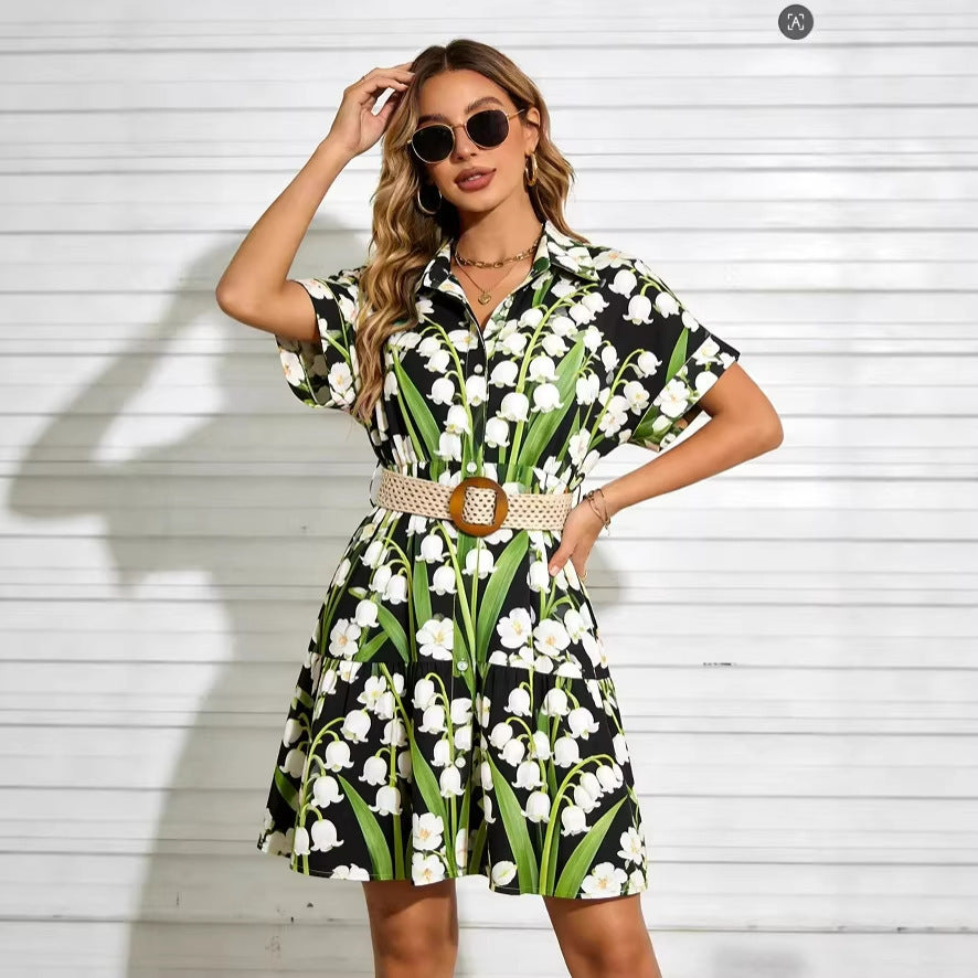 Women’s Belted Short Sleeve Midi Dress