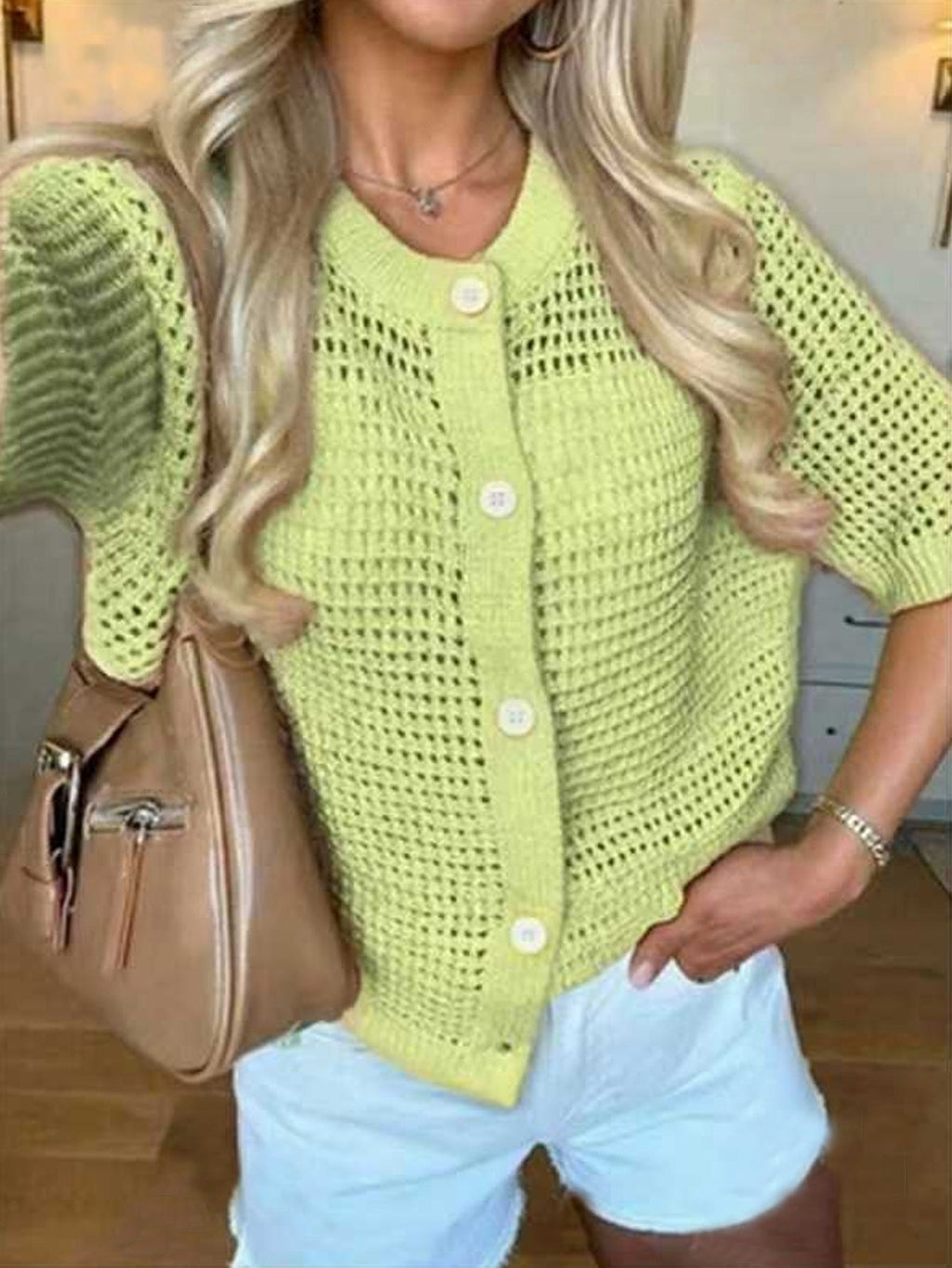 Women's Hollow-Out Knit Cardigan – Open Front, Short Sleeve, Solid Color