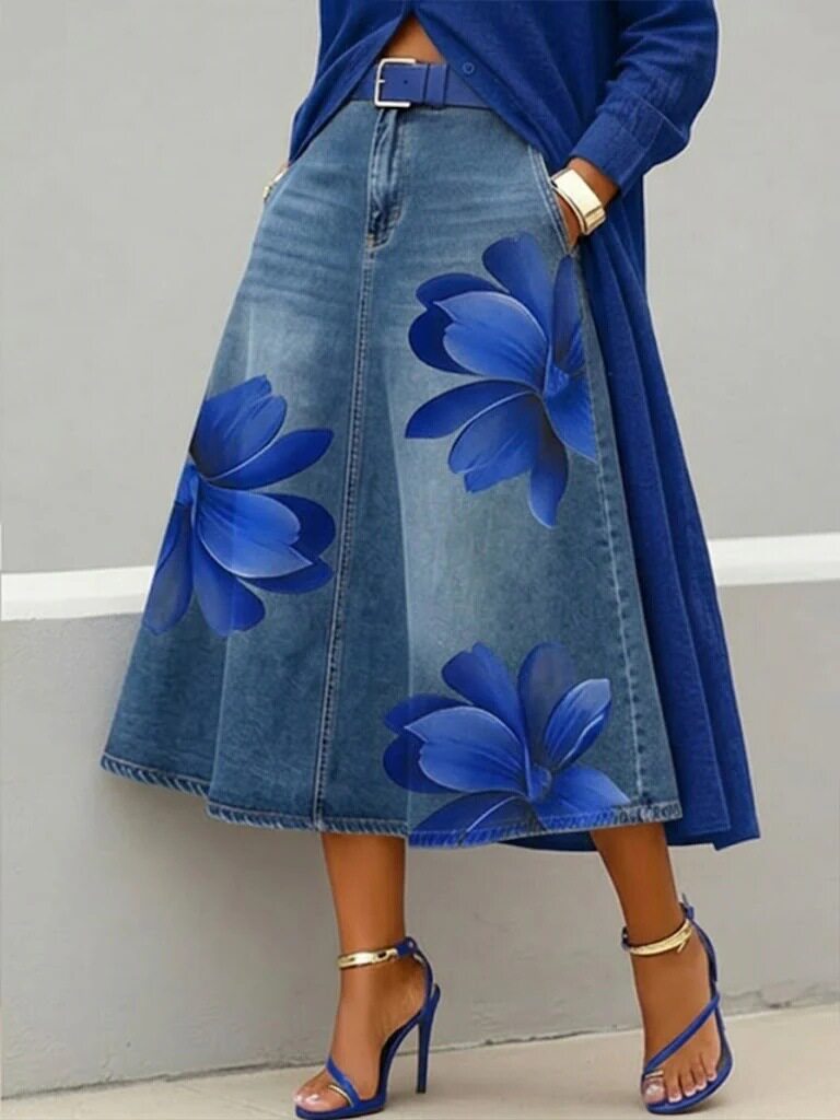 Women's Floral Print A-Line Midi Skirt – Denim-Style Boho Skirt