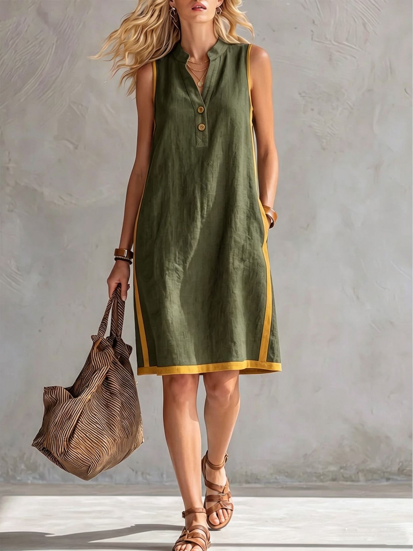 Women's Sleeveless V-Neck Button-Front Pocketed A-Line Midi Dress