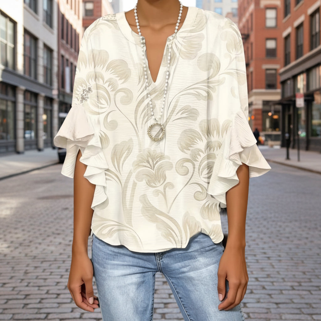 Women's 3D Print Ruffle Sleeve Loose Top – Elegant Urban Style S–2XL