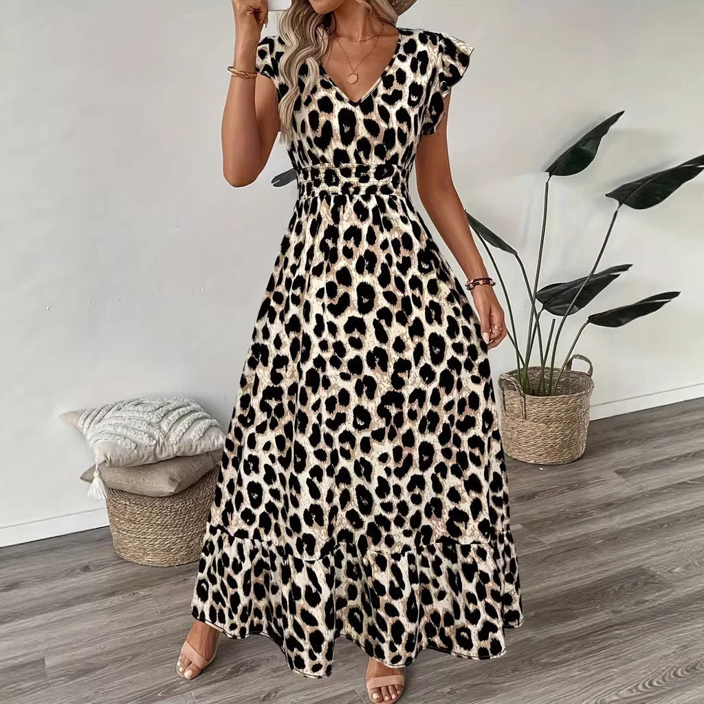 Women's V-Neck Floral Print A-Line Midi Dress – High Waist Sleeveless