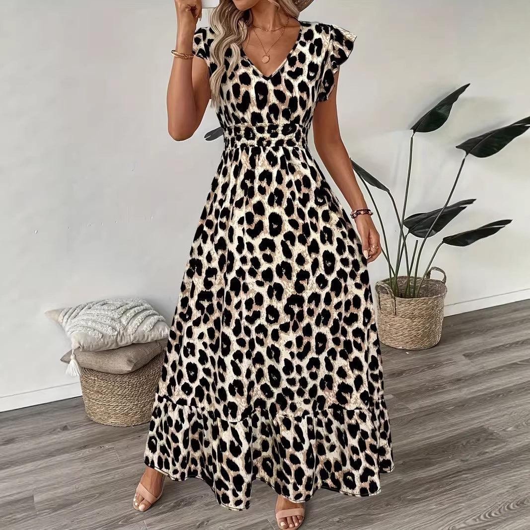 Women's V-Neck Floral Print A-Line Midi Dress – High Waist Sleeveless