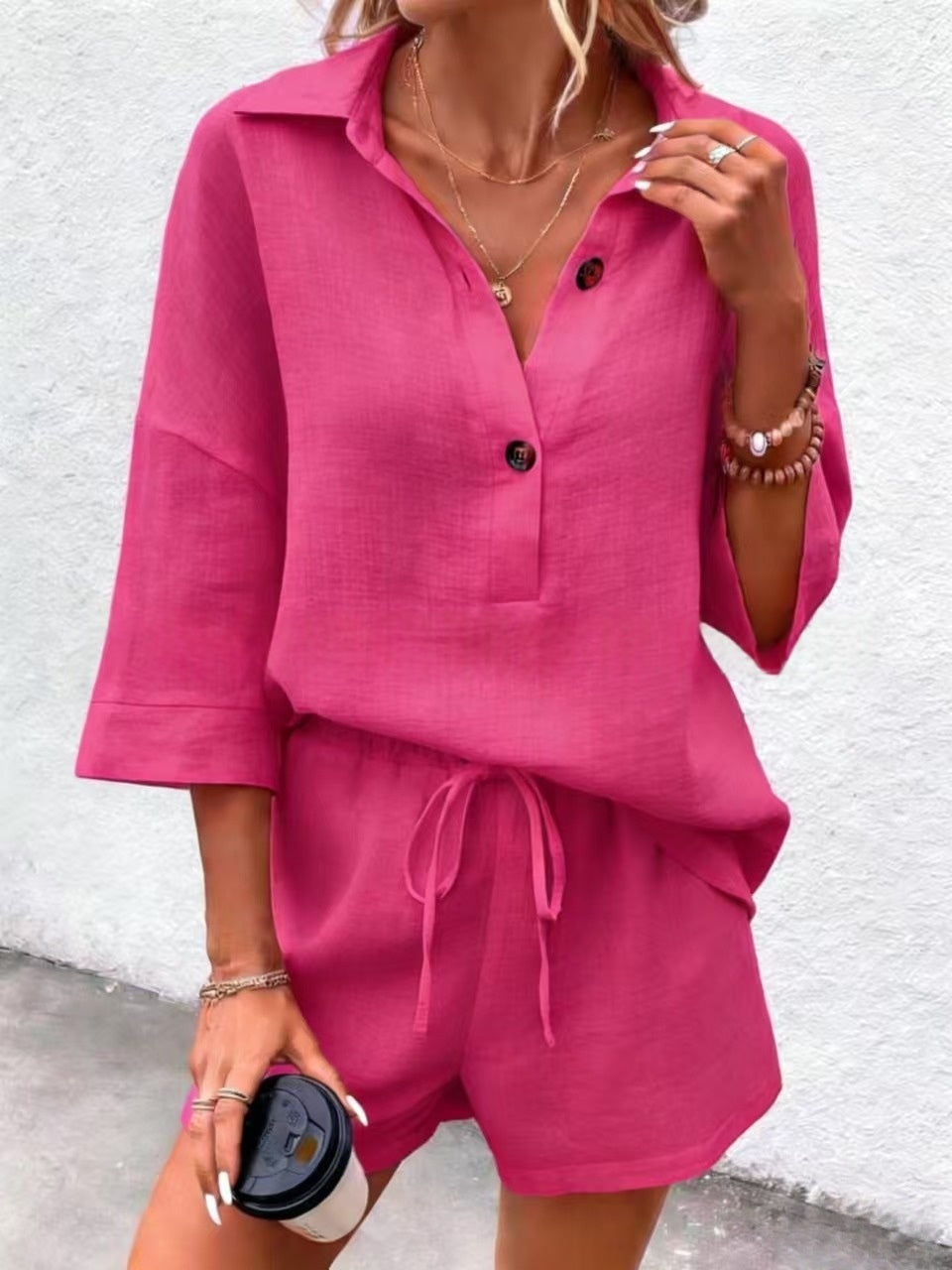 Women's Notch-Lapel Short-Sleeve Top & Belted Shorts Two-Piece Set
