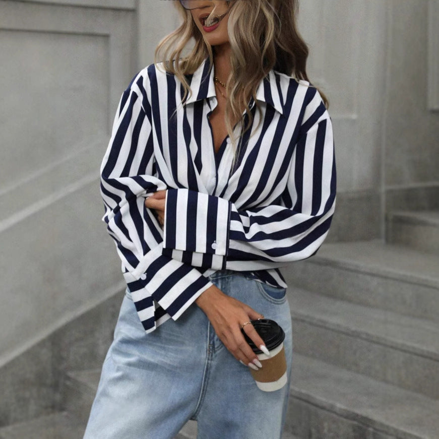 Women's Striped Long-Sleeve Loose Shirt – S–2XL