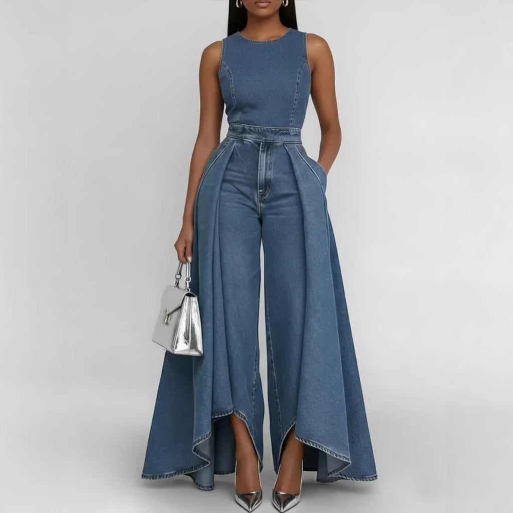 Women’s Crew Neck Sleeveless Wide-Leg Denim Jumpsuit