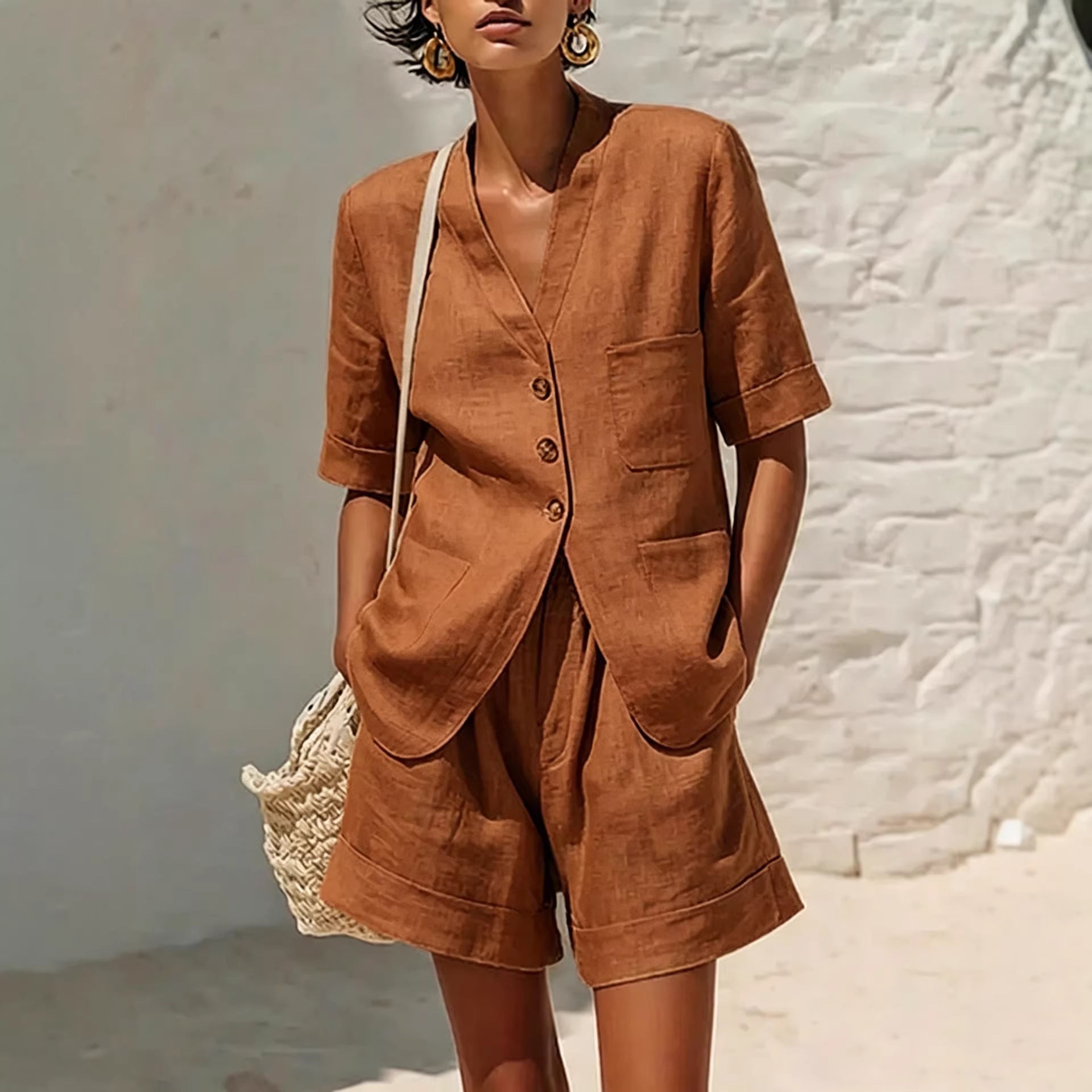 Women's Cotton-Linen Loose-Fit T-Shirt & Cropped Shorts Two-Piece Set