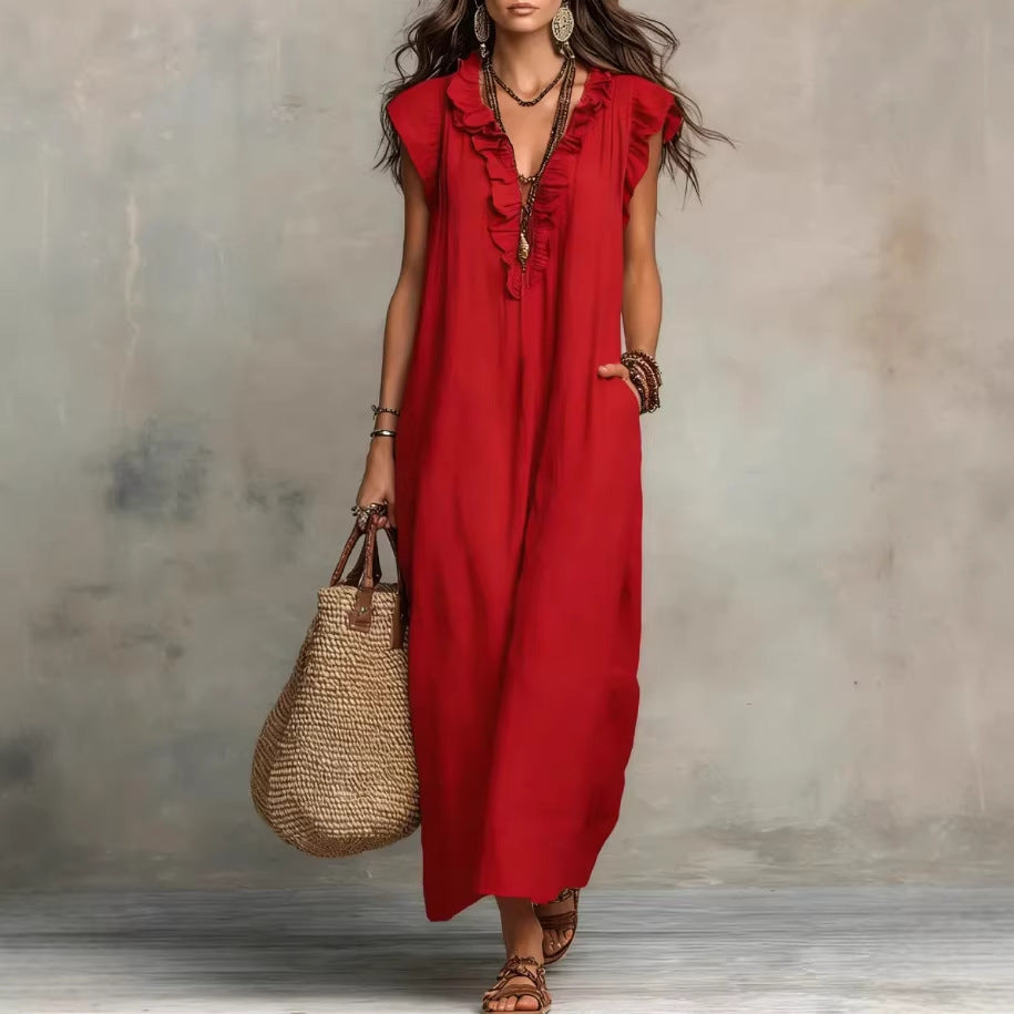 Women's Sleeveless Ruffle Pocket Maxi Dress
