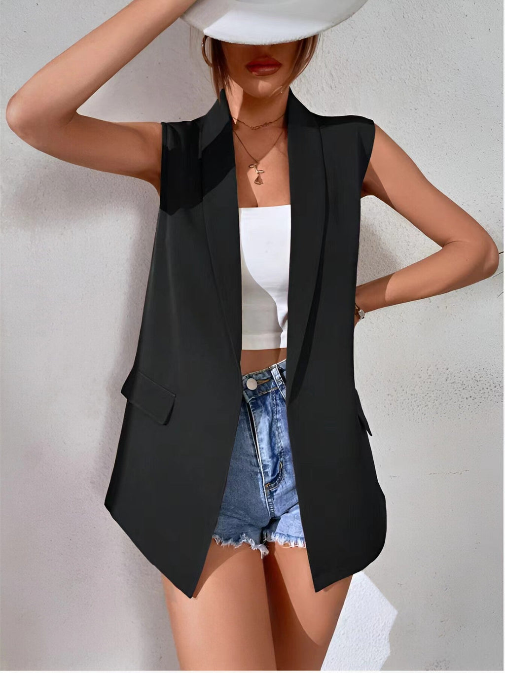 Women’s Mid-Length Suit Vest – Sleeveless Office Blazer