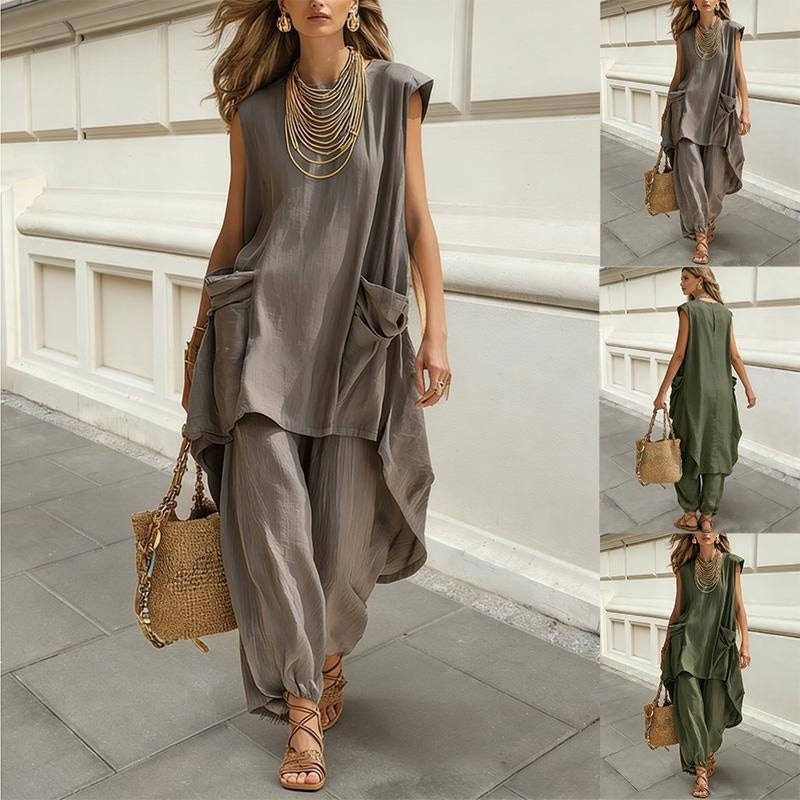 Sleeveless 3D-Cut Resort Two-Piece Set | Top & Pants