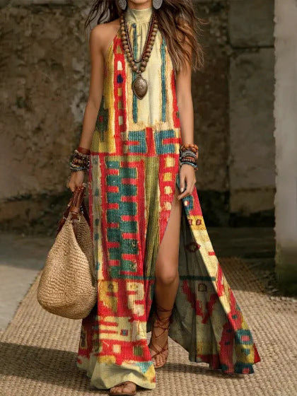 Women's Printed Halterneck Split Maxi Dress – Loose Fit Sleeveless