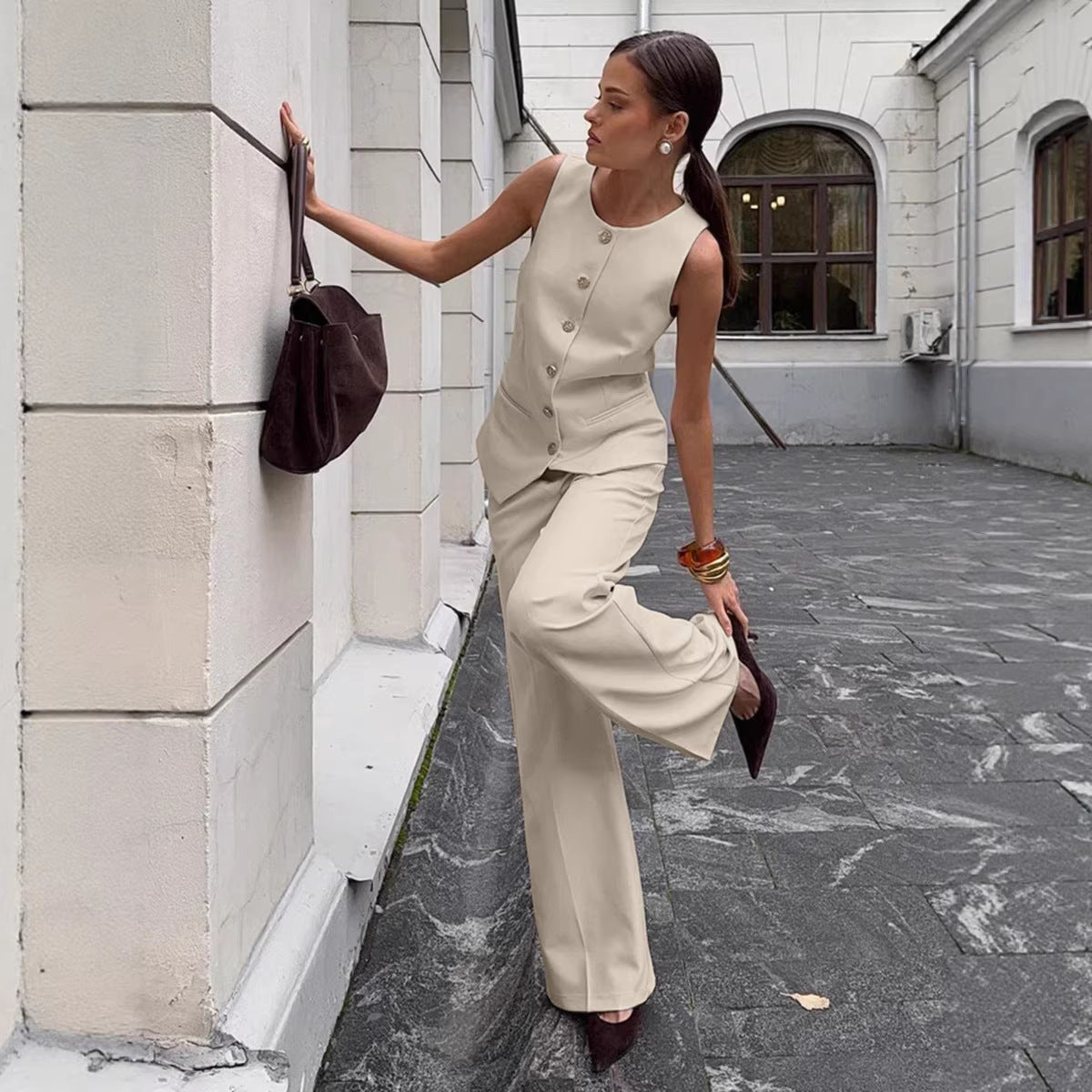 Women's Elegant Sleeveless Vest & Wide-Leg Pants Set – Office 2-Piece