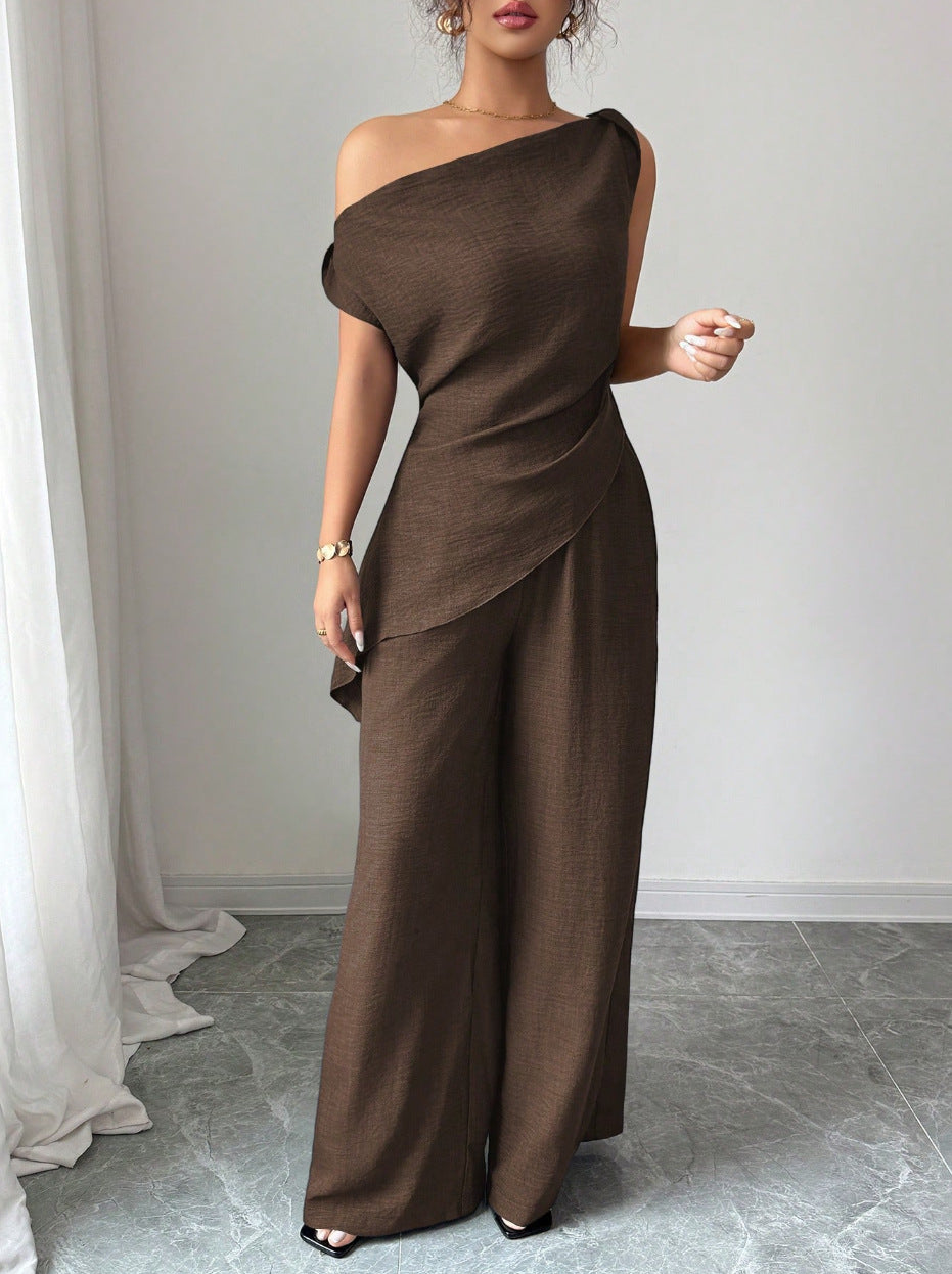 One-Shoulder Asymmetric Top & Wide-Leg Pants 2-Piece Set – Women's Elegant Co-ord Suit