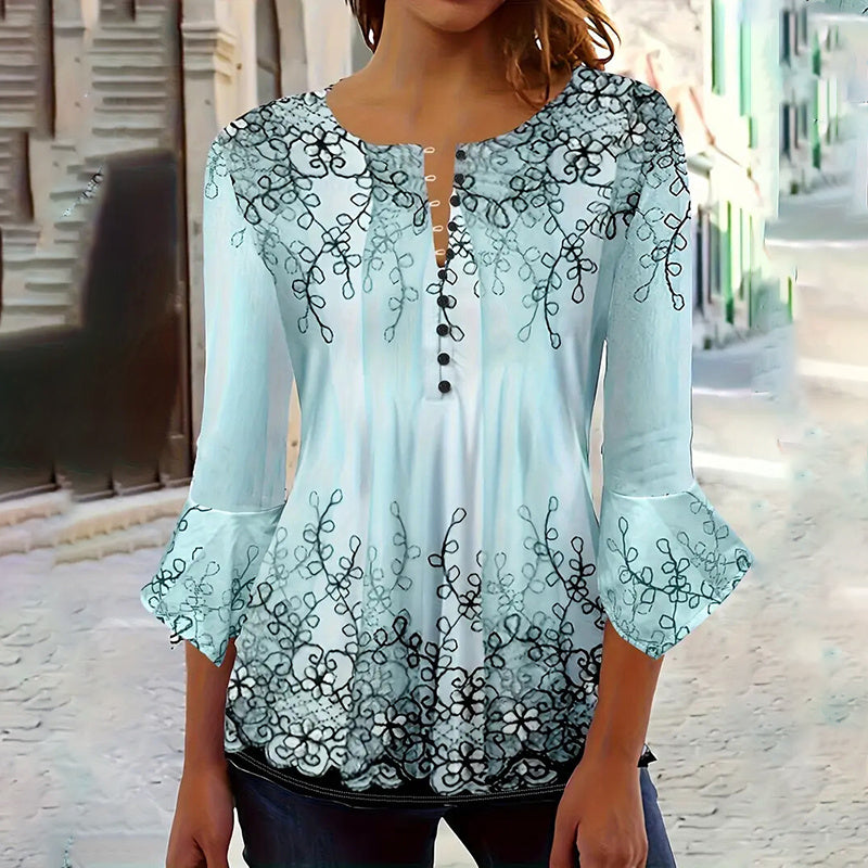 Women’s V-Neck 3/4 Sleeve Button-Front Tunic Blouse
