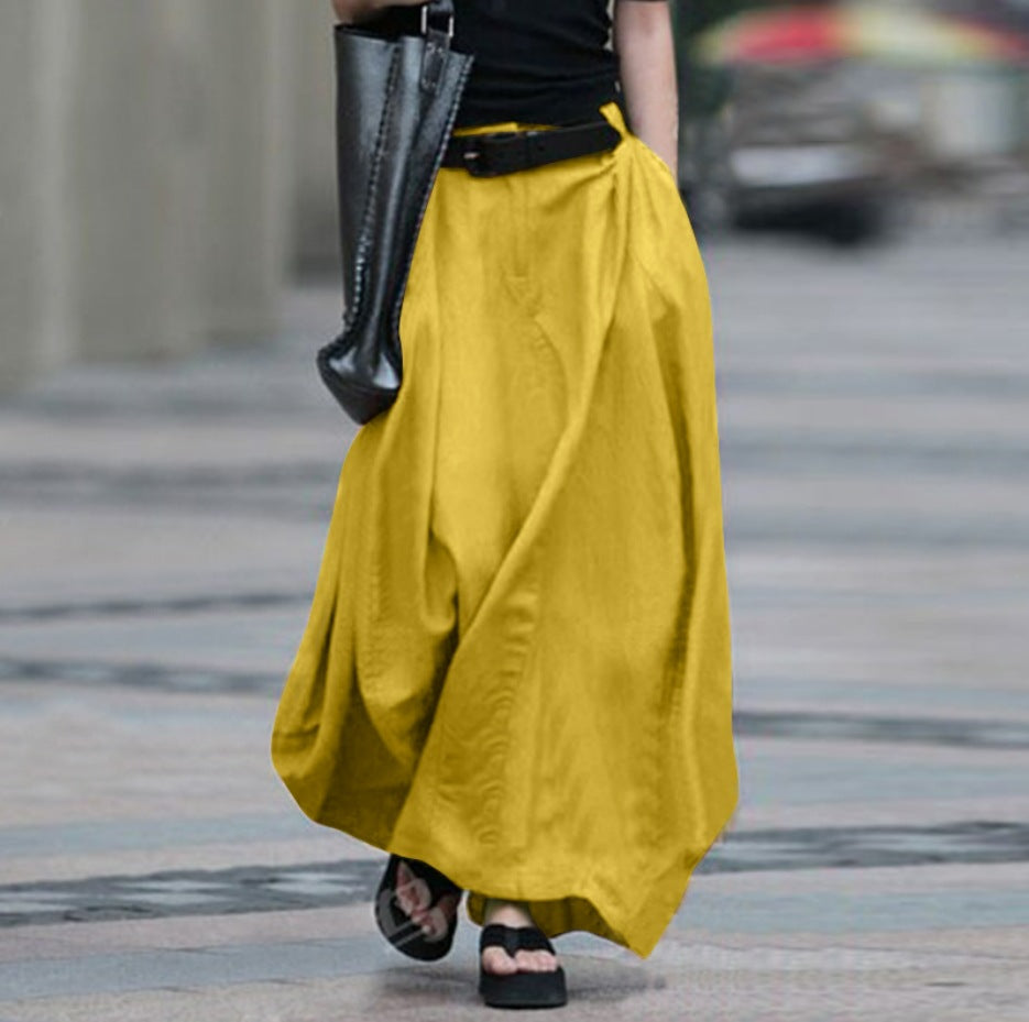 Women's High-Waist Flared Maxi Skirt – Solid Color Cotton Linen with Pockets