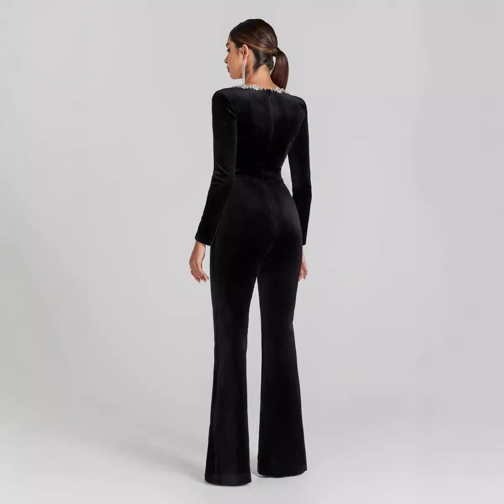 Women’s Diamond-Encrusted Square-Collar Flared Jumpsuit