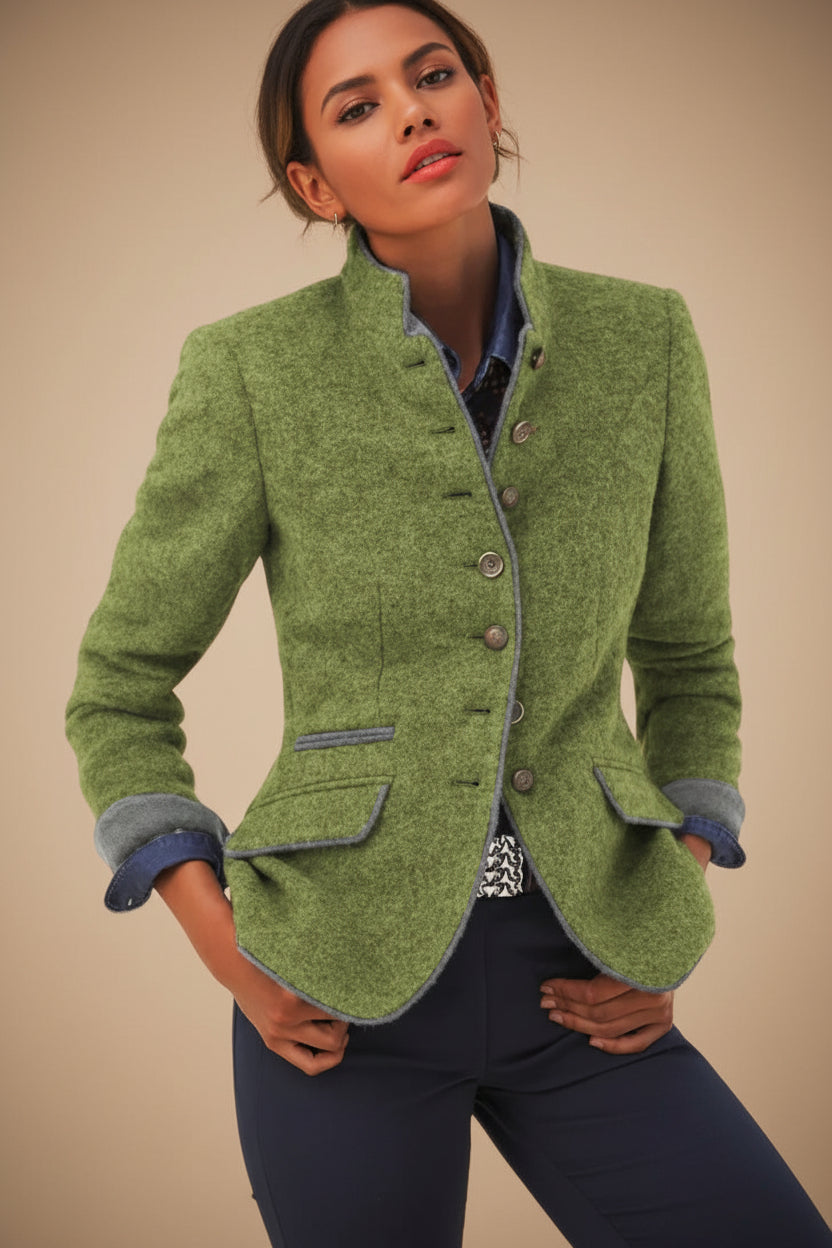 Women’s Color-Block Woolen Jacket – Multi-Button Casual Elegant Coat
