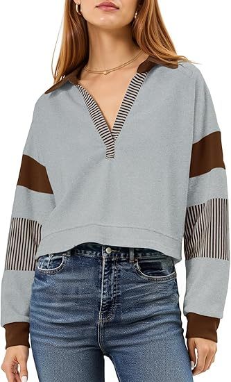 Color‑Block Cropped Polo V‑Neck Sweatshirt