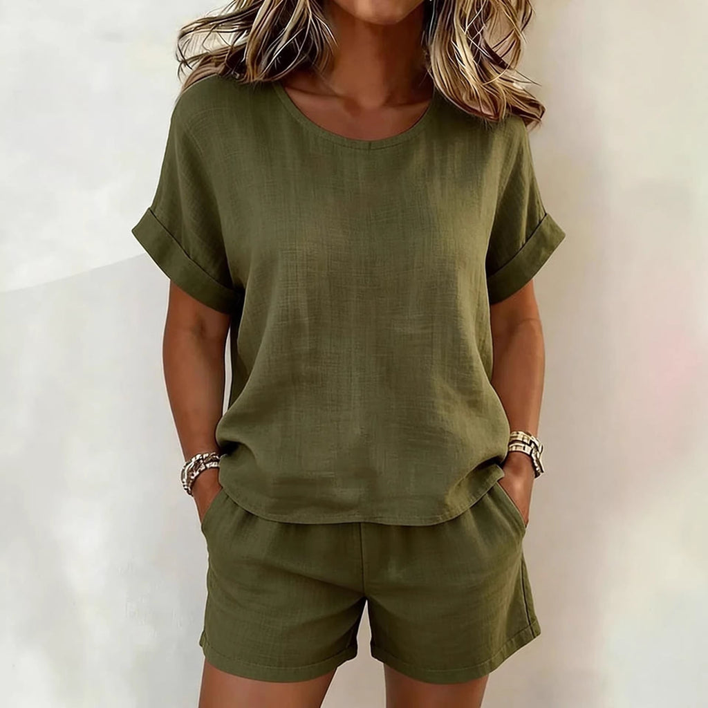 Solid-Color T-Shirt & Shorts Set – Cotton Linen, 10 Colors
