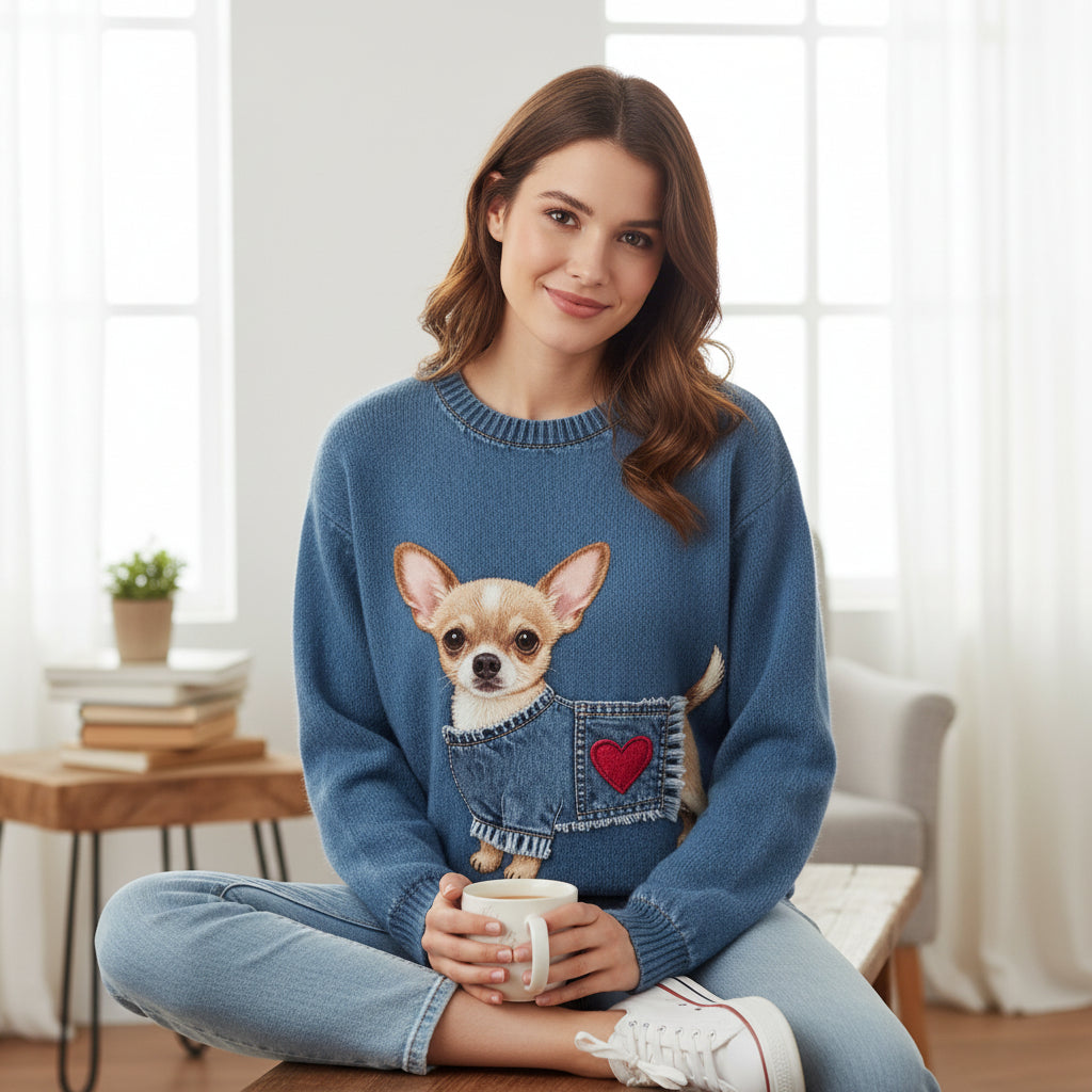 Women’s 3D Digital Print Crew Neck Sweater – Casual Statement Pullover