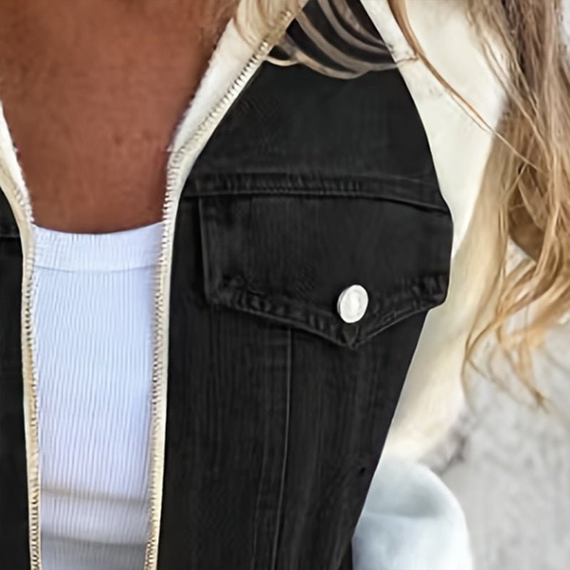 Women's Denim Patchwork Zip-Up Jacket