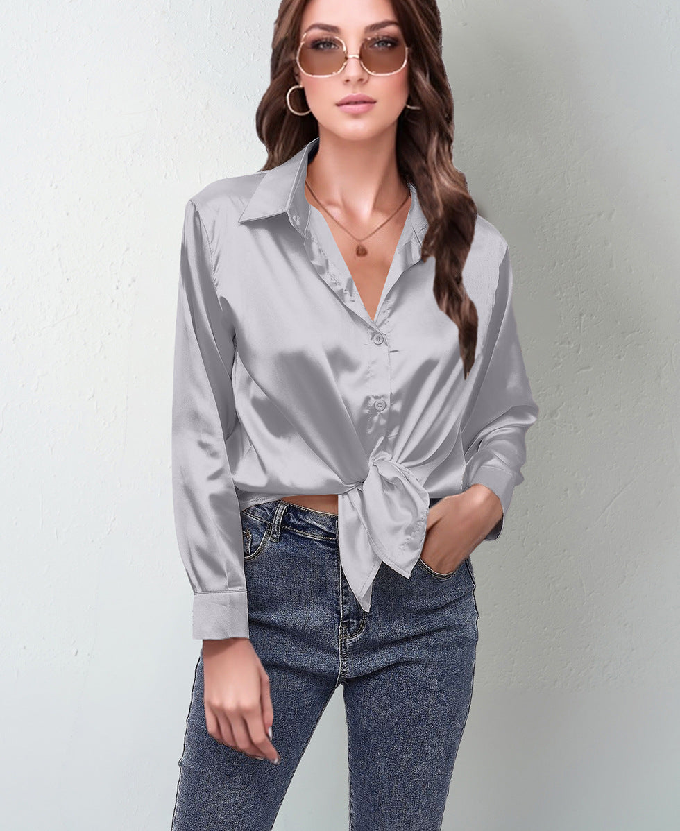 Women’s Satin Lapel Button-Down Blouse