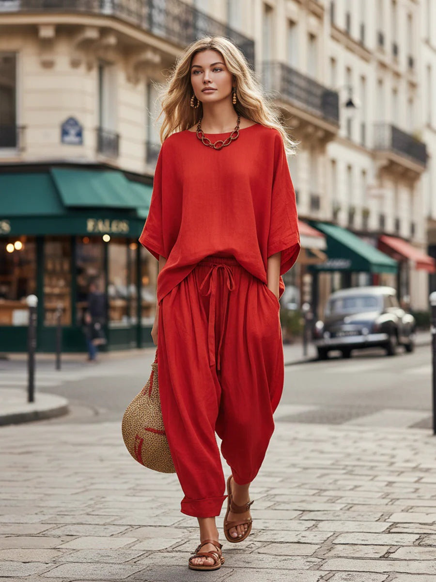 Women's Solid Color Loose Casual Set – T-Shirt & Ankle Pants