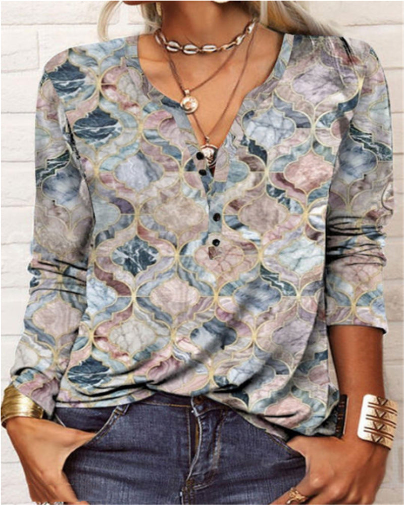 Women's Ethnic Print V-Neck Long Sleeve Loose T-Shirt