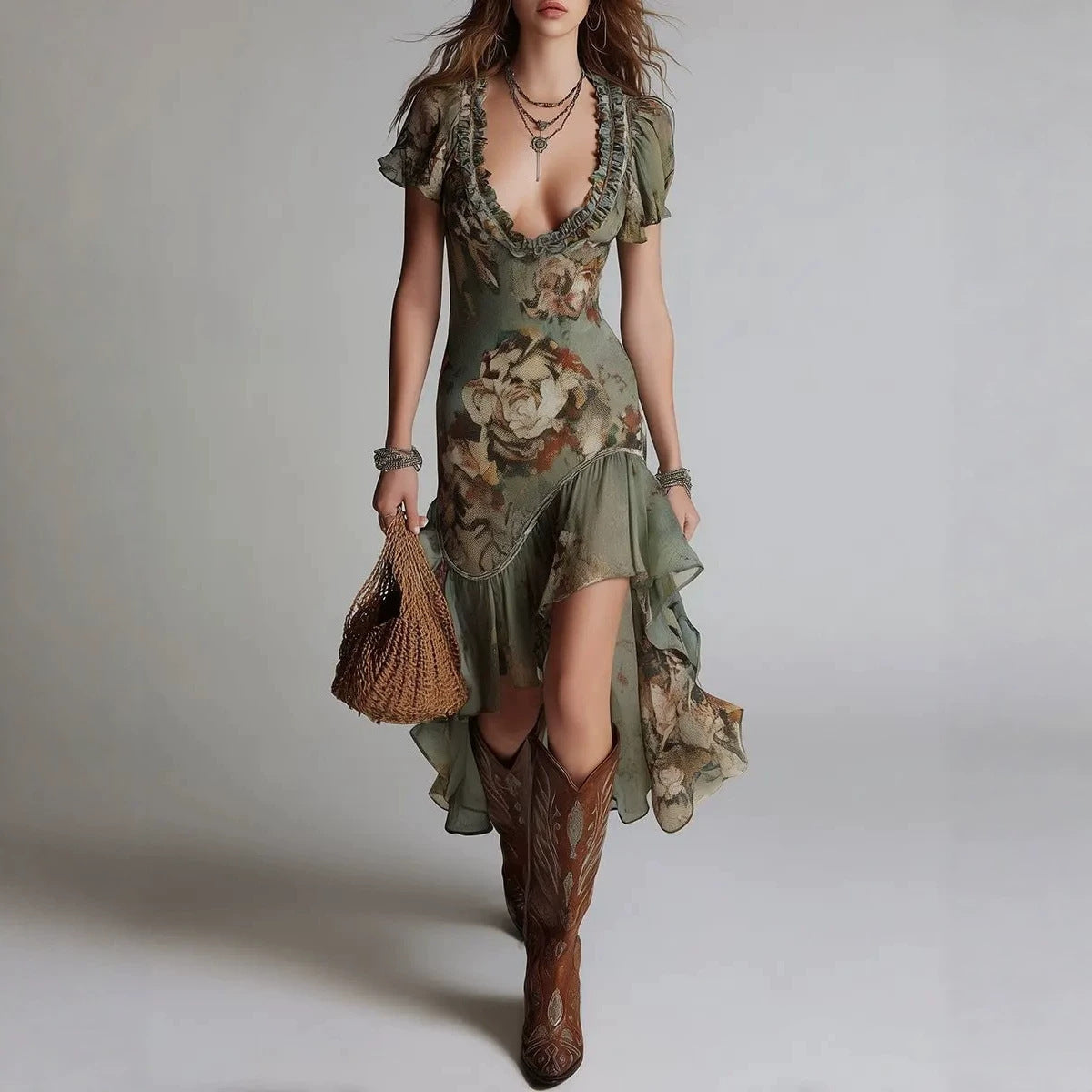 Women's Vintage Oil Painting Print Bubble Sleeve A-Line Midi Dress | Ruffle Irregular Hem Dress