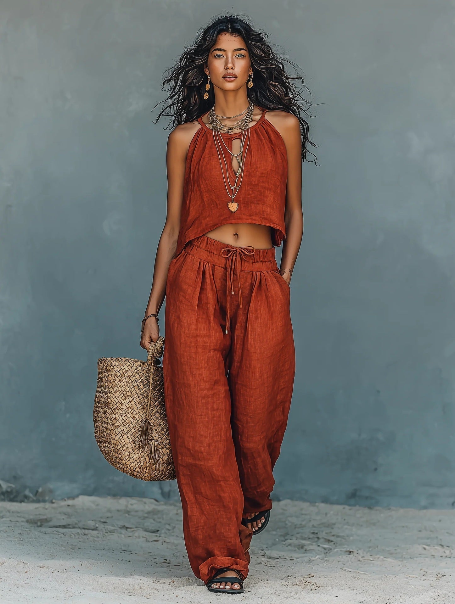 Women's Sleeveless Tank Top & Wide-Leg Pants Set – Linen Blend Summer Two-Piece