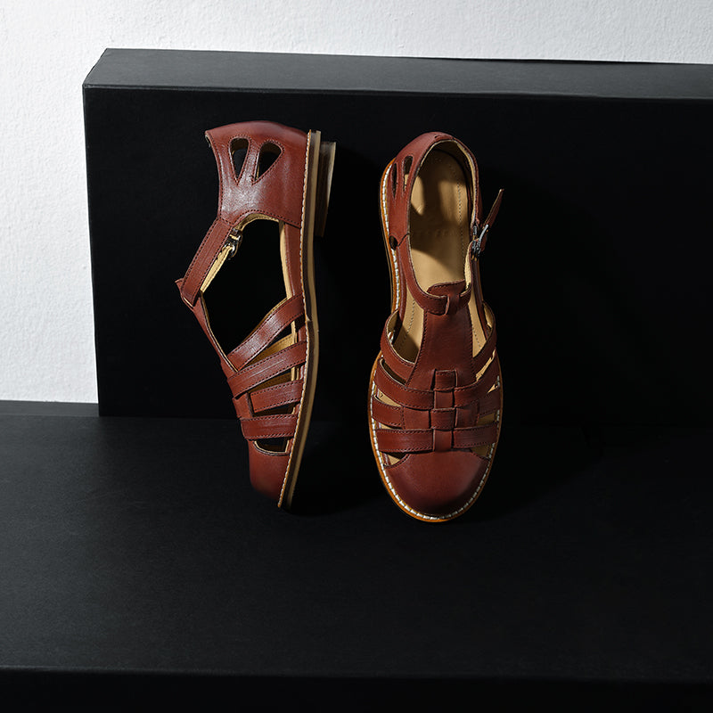 Women's Washed Full Grain Leather Fisherman Sandals – Closed-Toe Woven T-Strap