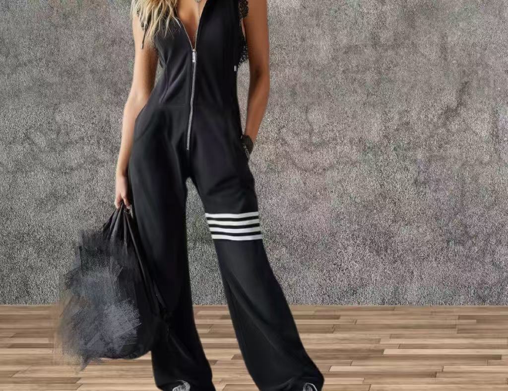 Women's Sporty Retro Lace-Up Striped Sleeveless Hooded Jumpsuit – Wide Flare Leg