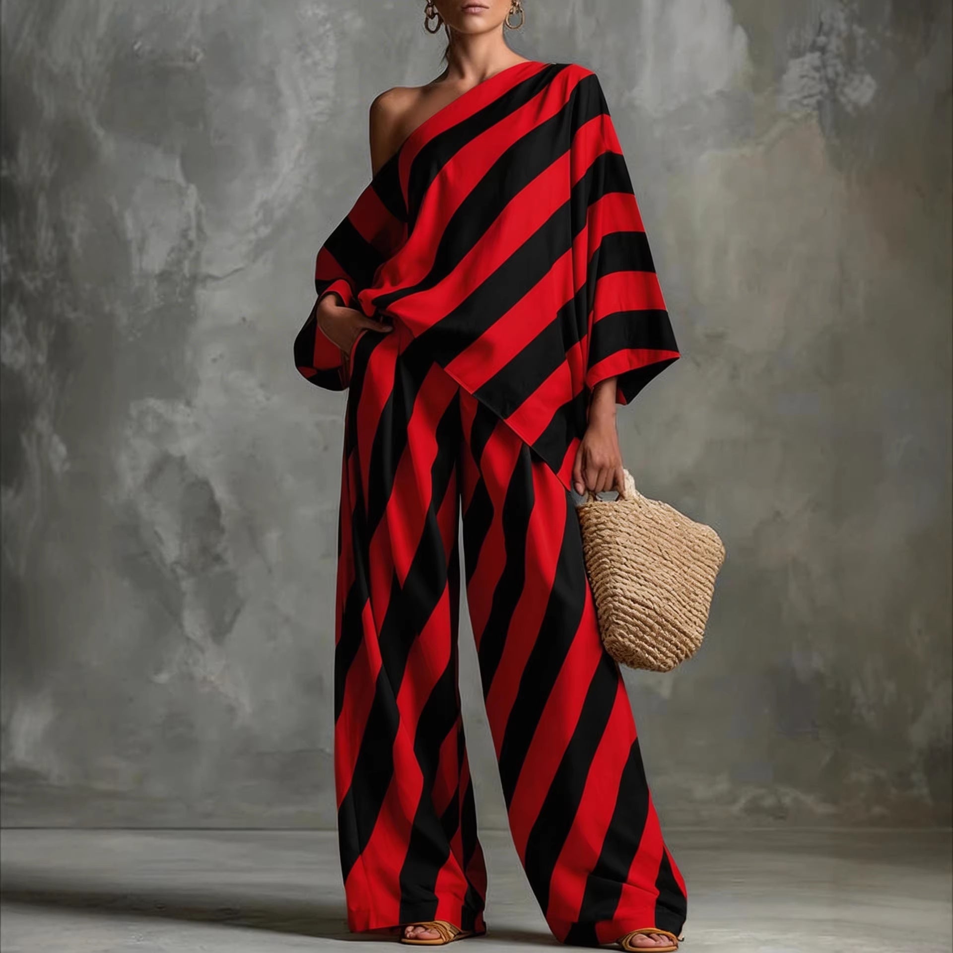 Women's Retro Striped Batwing Top & Wide-Leg Pants Set – Vintage 2-Piece